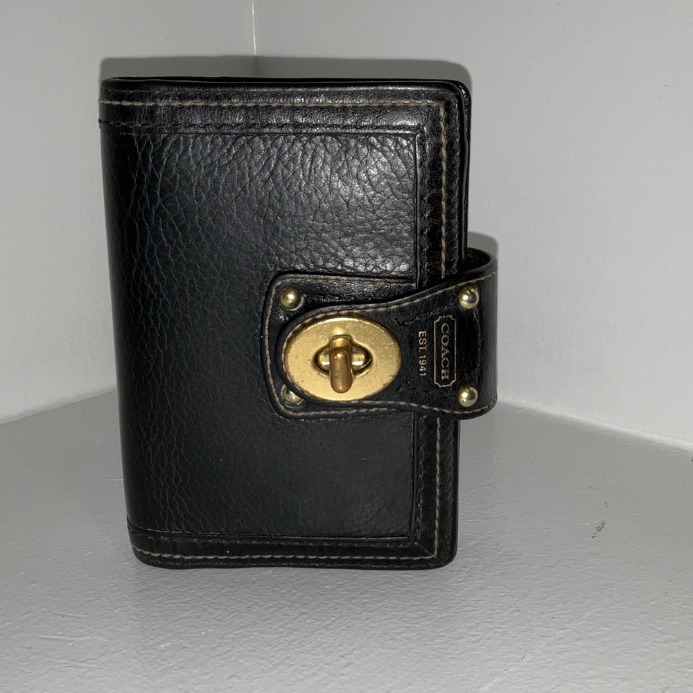 Coach Black Leather Card Holder with Gold Turnlock